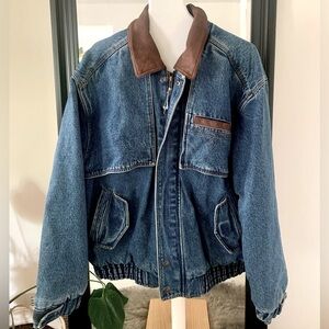 WRANGLER Vintage 80’s Harrington Lined Denim Jean Jacket With Leather Collar